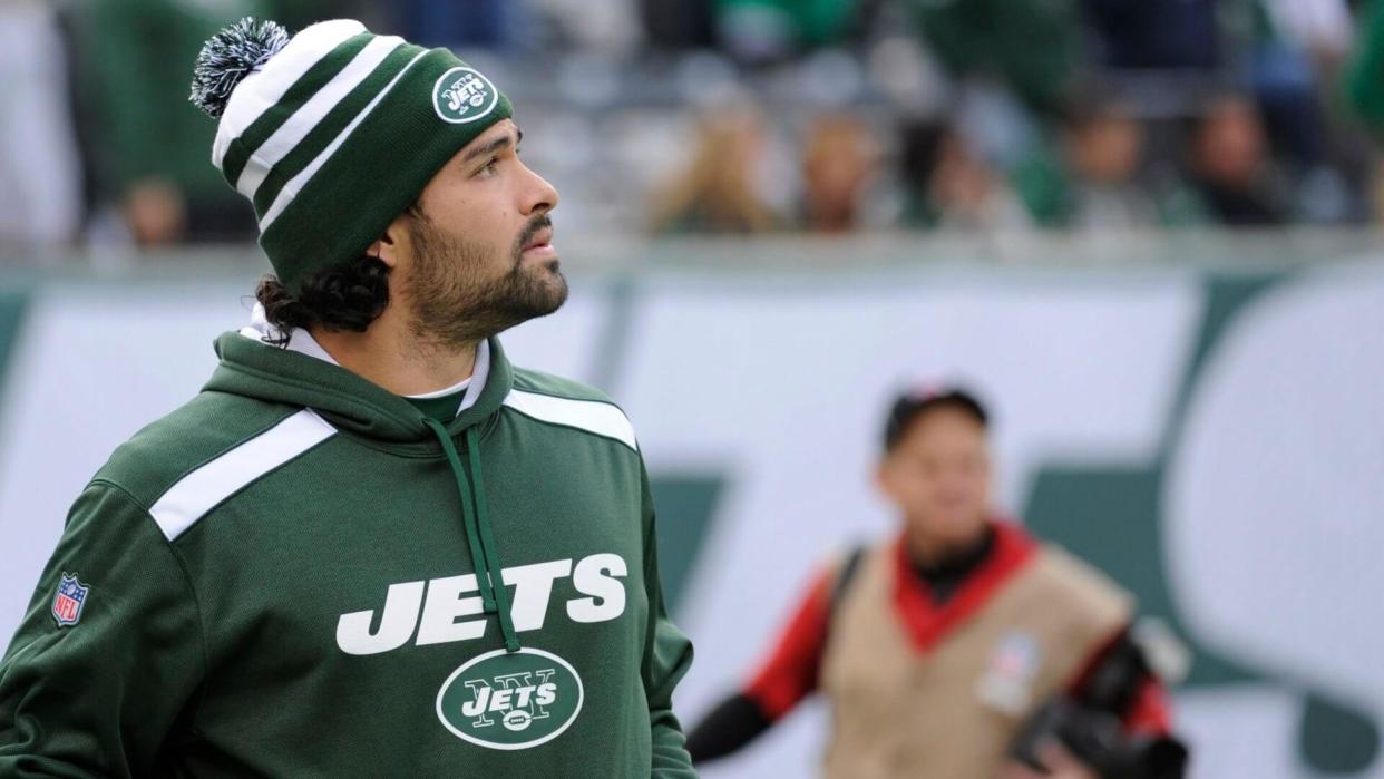 Mandatory Credit: Photo by Bill Kostroun/AP/Shutterstock (9268094bu)New York Jets quarterback Mark Sanchez looks on during warm ups before an NFL football game against the Miami Dolphins, in East Rutherford, N.