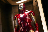 <b>Mark VI:</b> <br> Stark wore this suit with the redesigned with a triangular chest repulsor in both "Iron Man 2" and "The Avengers." Tony uses clues left by his father Howard Stark to develop a new element to power his chest reactor. This is a reference to vibranium, the extremely rare metal Howard used to create Captain America's shield.