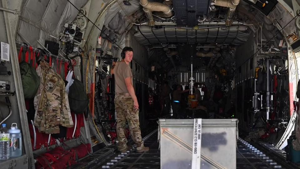 Airmen assigned to the 19th Aircraft Maintenance Squadron and 61st Airlift Squadron, deployed from Little Rock Air Force Base, Arkansas, prepare to launch a C-130J Super Hercules during Mobility Guardian 23 at Andersen Air Force Base, Guam, July 9. (Screenshot from video by Staff Sgt. Taylor Crul/Air Force)