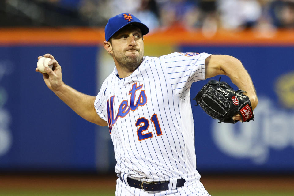 New York Mets starting pitcher Max Scherzer (21) delivers against the Philadelphia Phillies during the second inning of a baseball game, Sunday, May 1, 2022, in New York. (AP Photo/Jessie Alcheh)