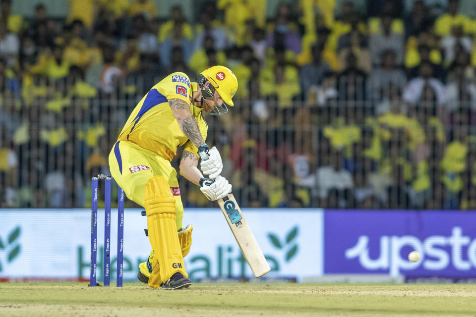 Ben Stokes of Chennai Super Kings plays a shotduring the Indian Premier League cricket match between the Chennai Super Kings and the Lucknow Super Giants in Chennai, India, Monday, April 3, 2023. (AP Photo/ R. Parthibhan)