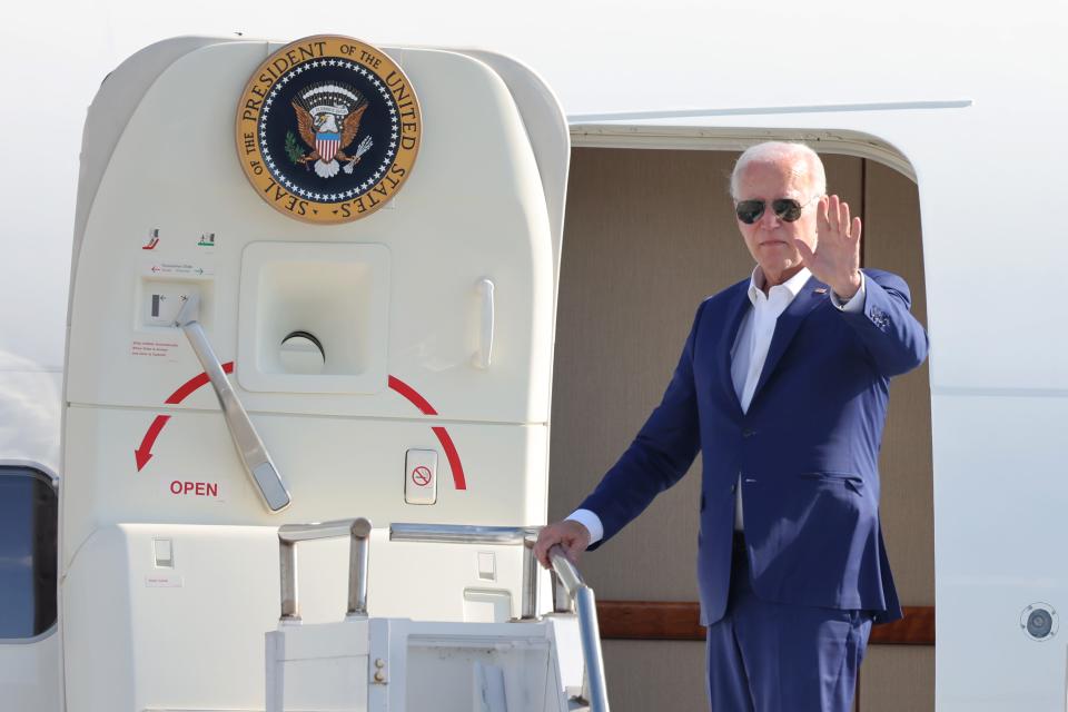 President Joe Biden waves as he embarks Air Force One as he prepares to depart Harrisburg International Airport on July 07, 2024 in Harrisburg, Pennsylvania.