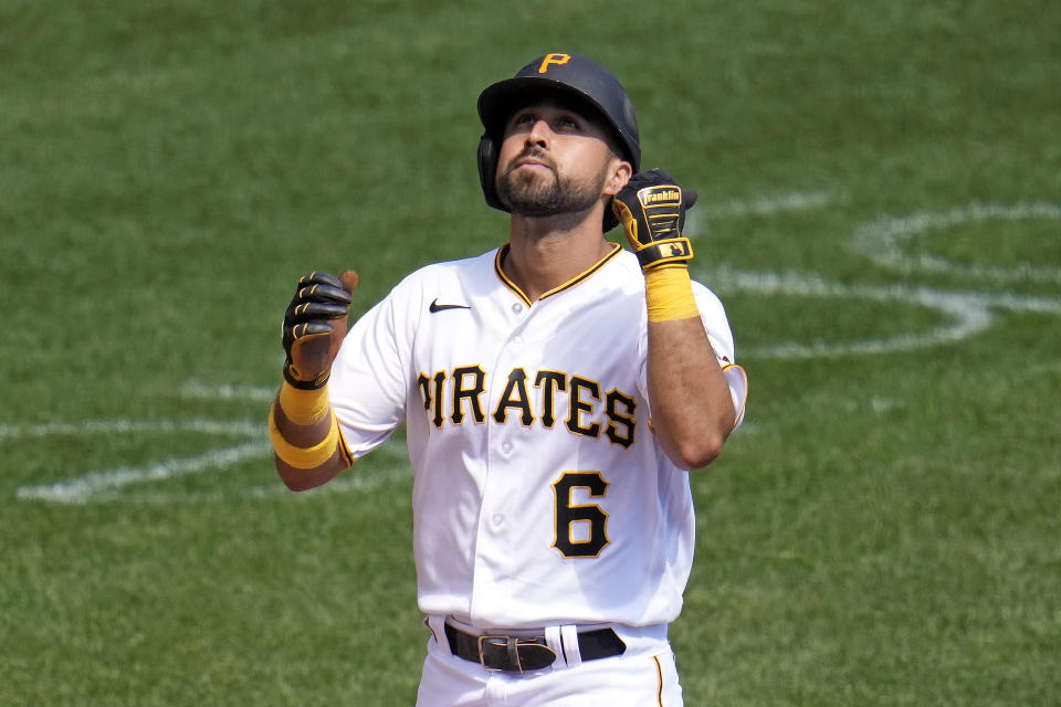 Pittsburgh Pirates' Alfonso Rivas crosses home plate after hitting a solo home run off Washington Nationals starting pitcher Josiah Gray during the fifth inning of a baseball game in Pittsburgh, Thursday, Sept. 14, 2023. (AP Photo/Gene J. Puskar)