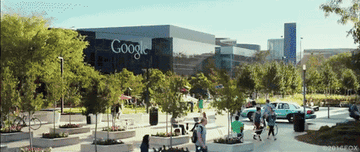 Scenes from "The Internship" movie: workers playing ping pong, Google building, a Google car