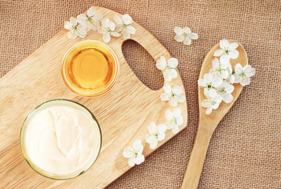 canvas & wooden board background, preparation diy cosmetics healthy lifestyle