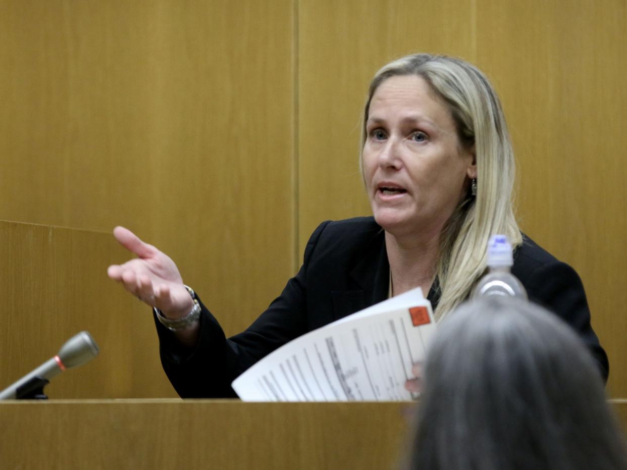 Lindsay Carnevale, an emergency room nurse at Southern Ocean County Medical Center, testifies during Christopher Gregor's trial before Superior Court Judge Guy P. Ryan in Toms River Tuesday, May 7, 2024. Gregor is charged with the 2021 murder and child endangerment of his 6-year-old son Corey Micciolo.