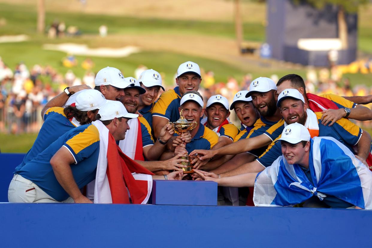 Team Europe captain Luke Donald lifts the Ryder Cup (David Davies/PA) (PA Wire)