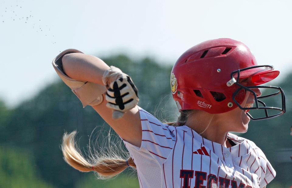 Tecumseh Braves Katelyn Marx (2) celebrates during the IHSAA Class 1A Softball State Final against the Caston Comets, Saturday, June 10, 2023, at Purdue University’s Bittinger Stadium in West Lafayette, Ind.
