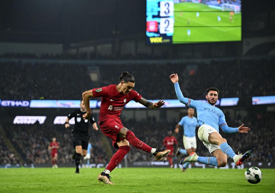 Liverpool’s Uruguayan striker Darwin Nunez shoots but fails to score (AFP via Getty Images)
