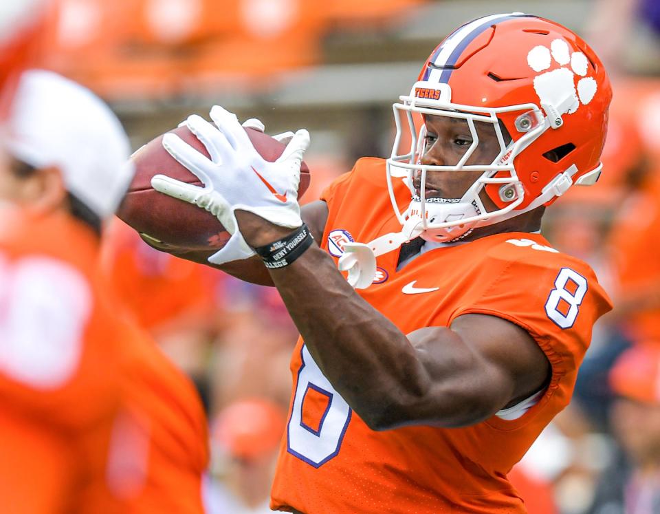 Clemson wide receiver Adam Randall (8) warms up before the game with Furman at Memorial Stadium in Clemson, South Carolina Saturday, September 10, 2022.  