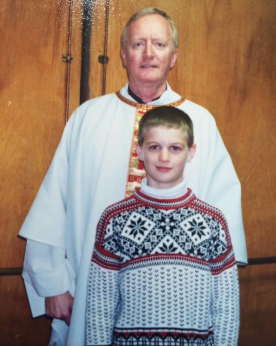 Father Michael Kelly stands with Trevor Martin, then about 10 years old, during the time Kelly sexually abused Trevor when he was an altar boy at St. Andrew Parish in Calaveras County. Courtesy Deanna Hampton