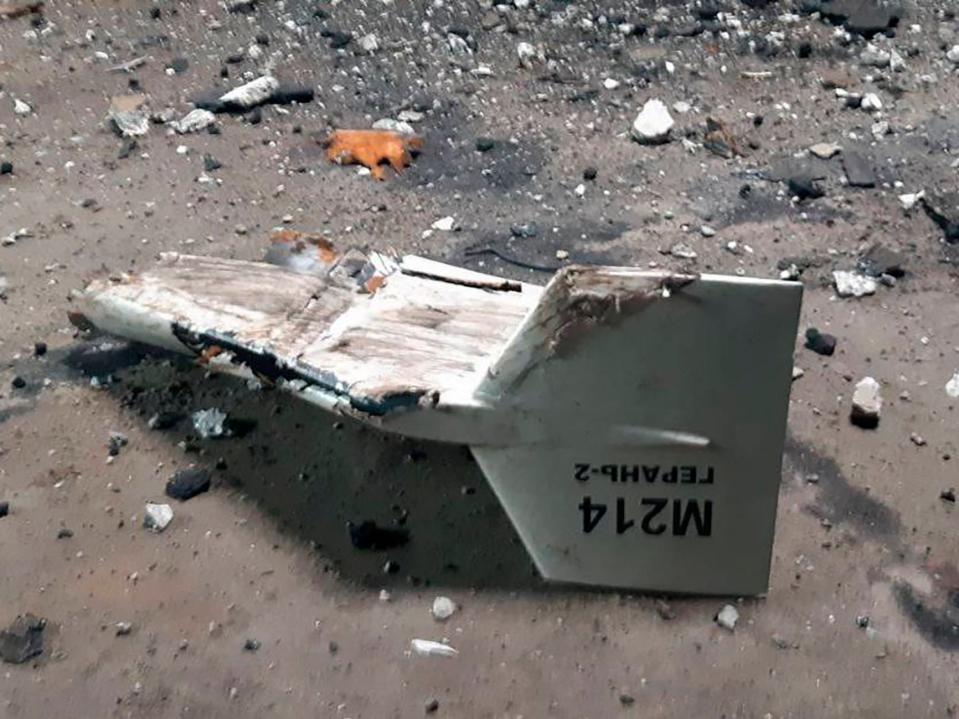 This undated photograph released by the Ukrainian military's Strategic Communications Directorate shows the wreckage of what Kyiv has described as an Iranian Shahed drone downed near Kupiansk, Ukraine.