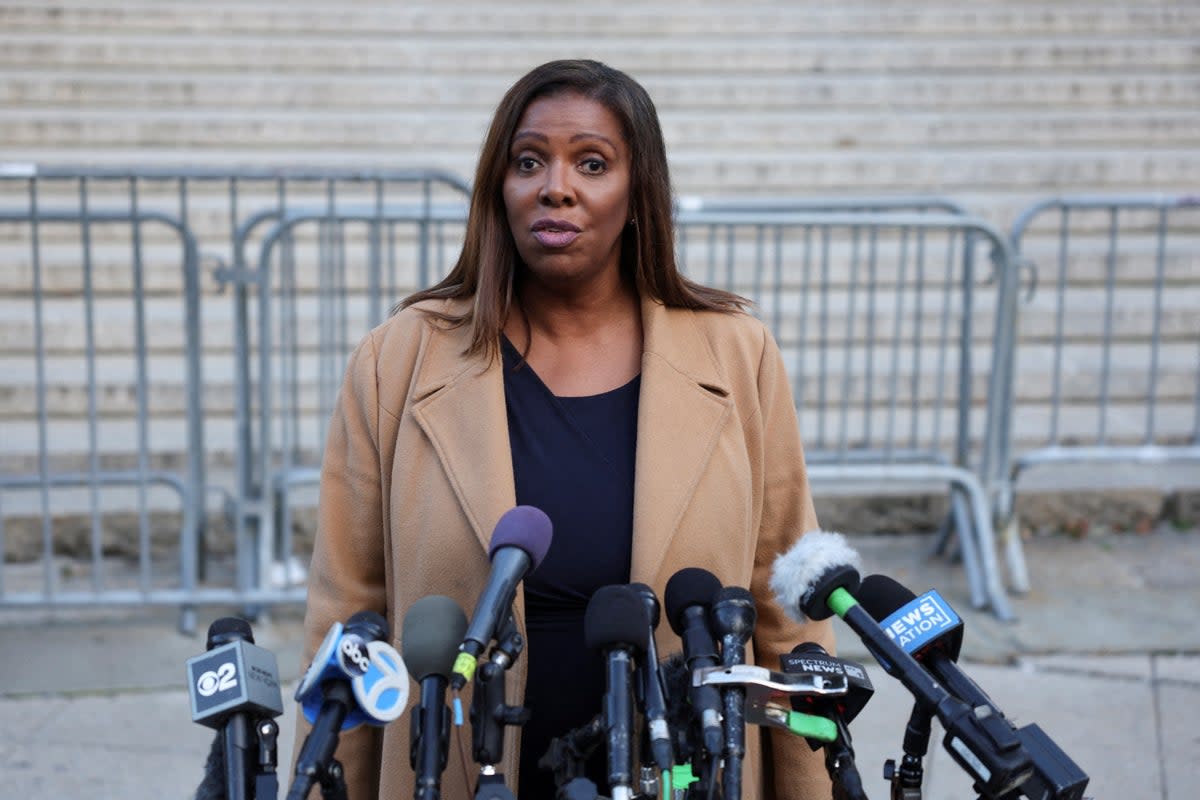 New York Attorney General Letitia James speaks to reporters outside New York County Superior Court on 25 October, 2023. (REUTERS)