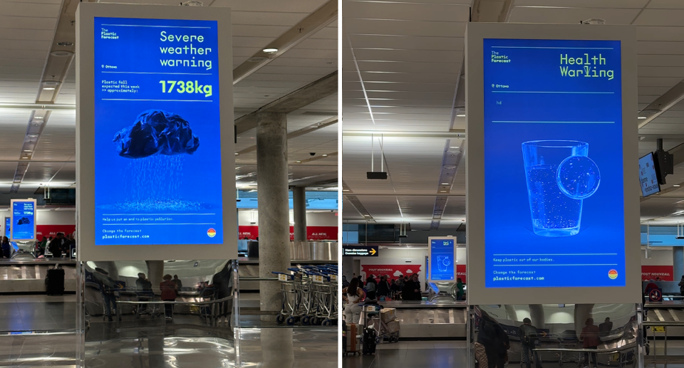 Two images of the airport advertisements in Ottawa warning about plastics in the atmosphere and the water..