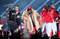 Adam Levine of Maroon 5, Big Boi and Sleepy Brown perform during the Pepsi Super Bowl LIII Halftime Show at Mercedes-Benz Stadium on February 3, 2019 in Atlanta, Georgia. (Photo by Jeff Kravitz/FilmMagic)