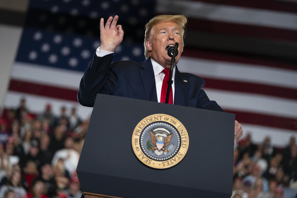 President Donald Trump speaks during a campaign rally at the Wildwoods Convention Center Oceanfront, Tuesday, Jan. 28, 2020, in Wildwood, N.J. (AP Photo/ Evan Vucci)