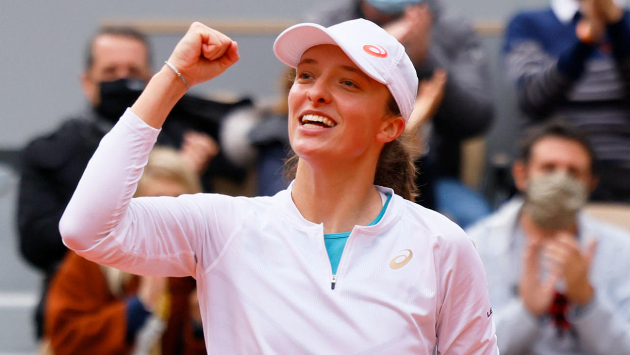 Pictured here, Iga Zwiatek celebrates during her French Open semi-final win. 