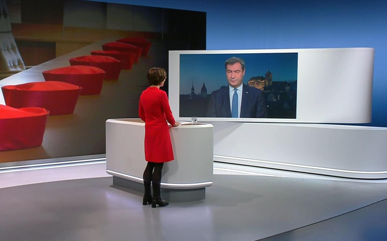 Diana Zimmermann und Markus Söder trafen für eine Interview-Schalte bei "Berlin direkt" (ZDF) erstmals aufeinander. (Bild: ZDF)