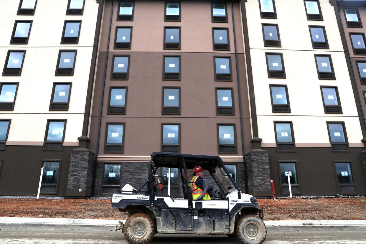 The facade of the Great Wolf Lodge is featured at the construction site in Perryville, Md., on Friday, Jan. 13, 2023.