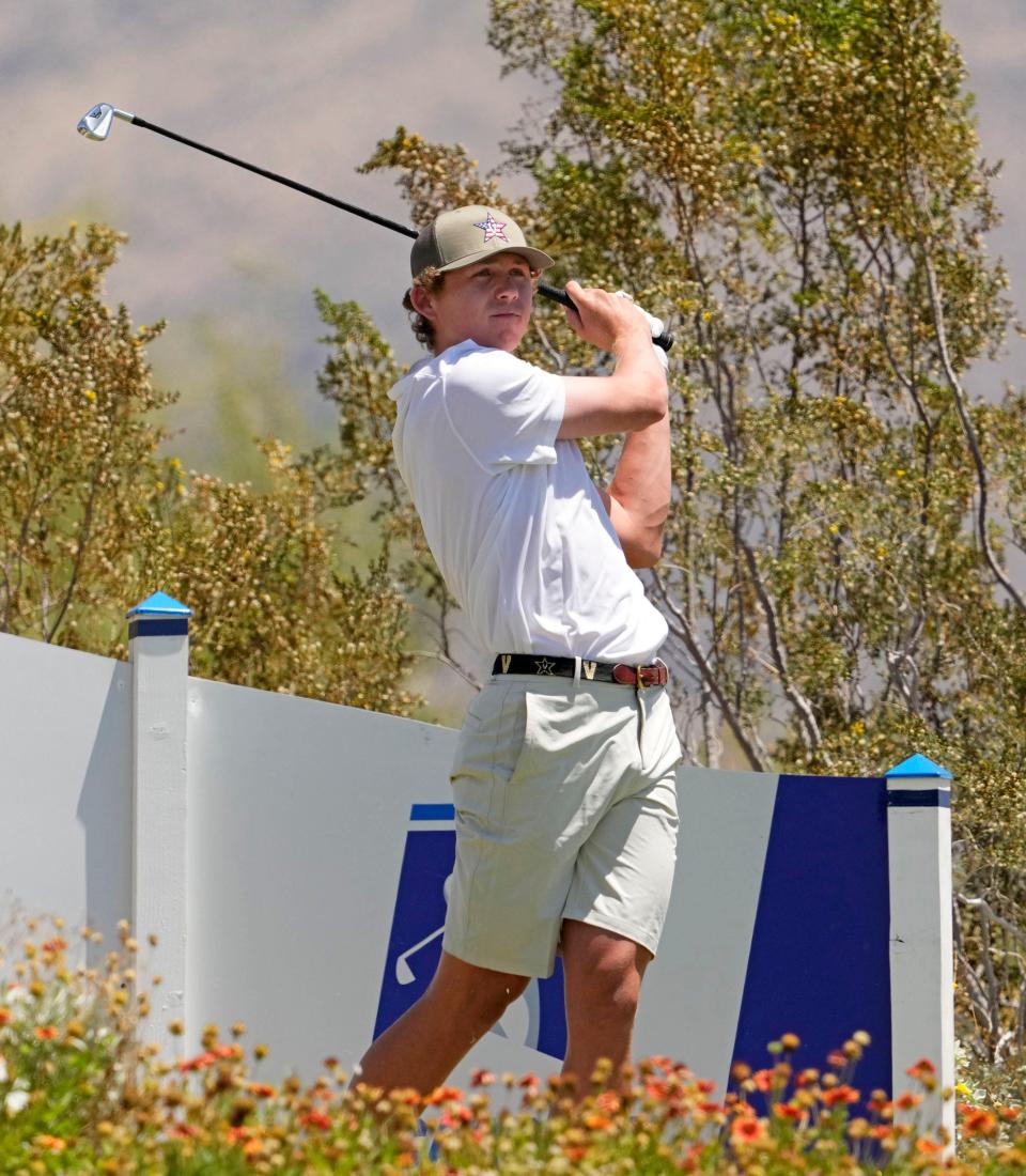 May 30, 2022; Scottsdale, Arizona, USA; Gordon Sargent of Vanderbilt plays his tee shot on the first hole during the final round of the NCAA DI Mens Golf Championship at Grayhawk Golf Club - Raptor Course. Mandatory Credit: Rob Schumacher-Arizona Republic Mandatory Credit: Rob Schumacher-Arizona Republic

Golf Ncaa Di Mens Golf Championship