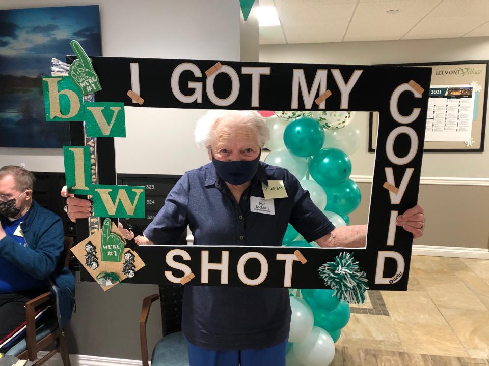 Jean Lockhart, a 101-year-old resident of Belmont Village Senior Living Lakeway near Austin, Texas, received her second dose of the Pfizer COVID-19 vaccine Jan. 20.