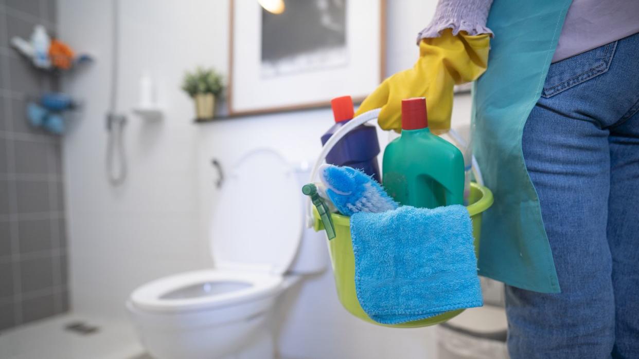 toilet bowl cleaning, person holding a bucket of cleaning products in the bathroom