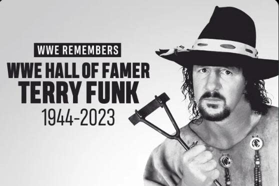 WWE Hall of Fame wrestler and champion Terry Funk is dead at 79. His death was confirmed Wednesday by WWE. Photo via WWE/Twitter