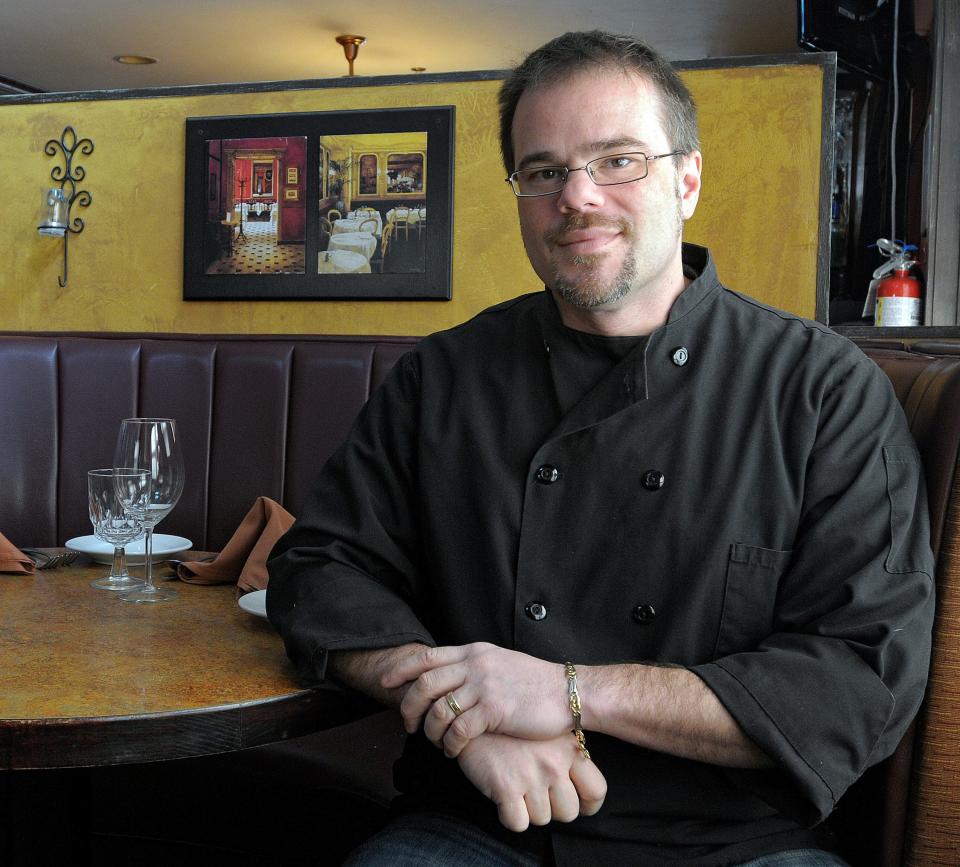 Chris Rovezzi, in his eponymous restaurant, Rovezzi's, in Sturbridge. Chris won the two top awards in Worcester's Top Chef event  Sunday 0129 in Worcester at Mechanics' Hall. (JIM COLLINS)