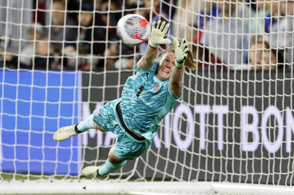 United States' Alyssa Naeher makes a save against Canada during the shoot out of a SheBelieves Cup women's soccer match Tuesday, April 9, 2024, in Columbus, Ohio. (AP Photo/Jay LaPrete)