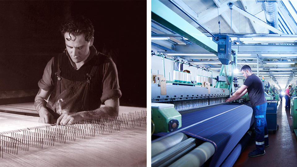 Workers at the Hardy mill circa 1950 and today. - Credit: Huddersfield Fine Worsteds