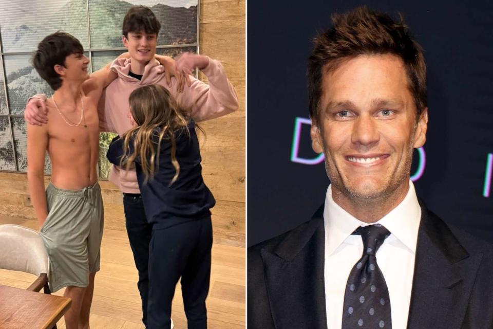 <p>Tom Brady/Instagram; Alexander Tamargo/Getty</p> Benjamin, Jack and Vivian (L), Tom Brady (R)