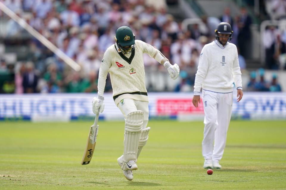 Australia’s Nathan Lyon hobbles back to his crease during day four of the second Ashes test (PA Wire)