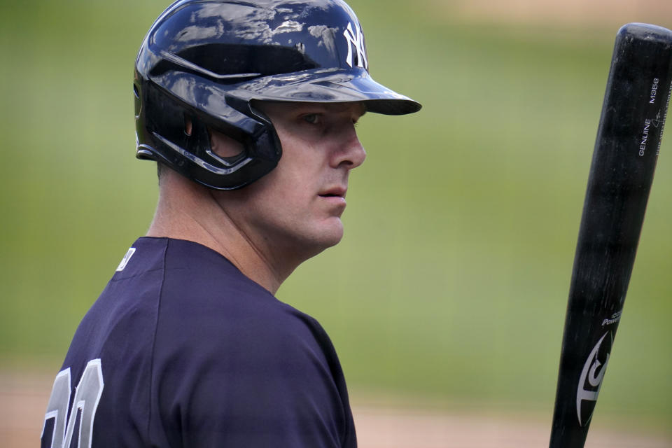 New York Yankees' Jay Bruce waits on deck during the during the second inning of a spring training exhibition baseball game against the Detroit Tigers at Joker Marchant Stadium in Lakeland, Fla., Tuesday, March 9, 2021. (AP Photo/Gene J. Puskar)