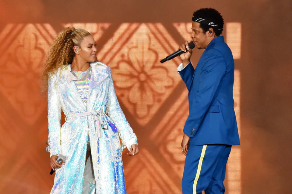 Beyoncé Knowles and Jay-Z perform on June 6 in Wales. (Photo: Kevin Mazur/Getty Images For Parkwood Entertainment)