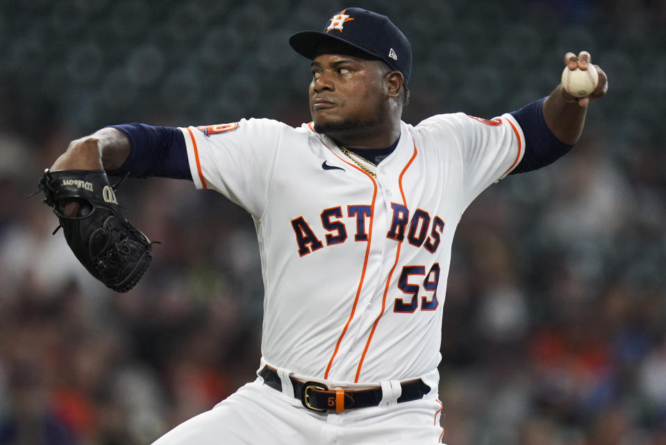 Houston Astros starting pitcher Framber Valdez delivers during the first inning of the team's baseball game against the Cleveland Guardians, Tuesday, May 24, 2022, in Houston. (AP Photo/Eric Christian Smith)