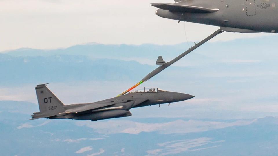 An F-15E Strike Eagle with the EPAWSS electronic warfare suite that is also found on the F-15EX. EPAWSS could be one of the systems through which Cognitive Electronic Warfare capability might be introduced to the F-15E and the F-15EX. <em>USAF</em>
