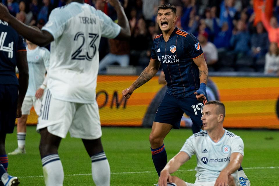 FC Cincinnati forward Brandon Vazquez (19) celebrates after scoring a goal in the second half of the MLS match at TQL Stadium in Cincinnati on Saturday, Oct. 1, 2022. Chicago Fire defeated FC Cincinnati 3-2.