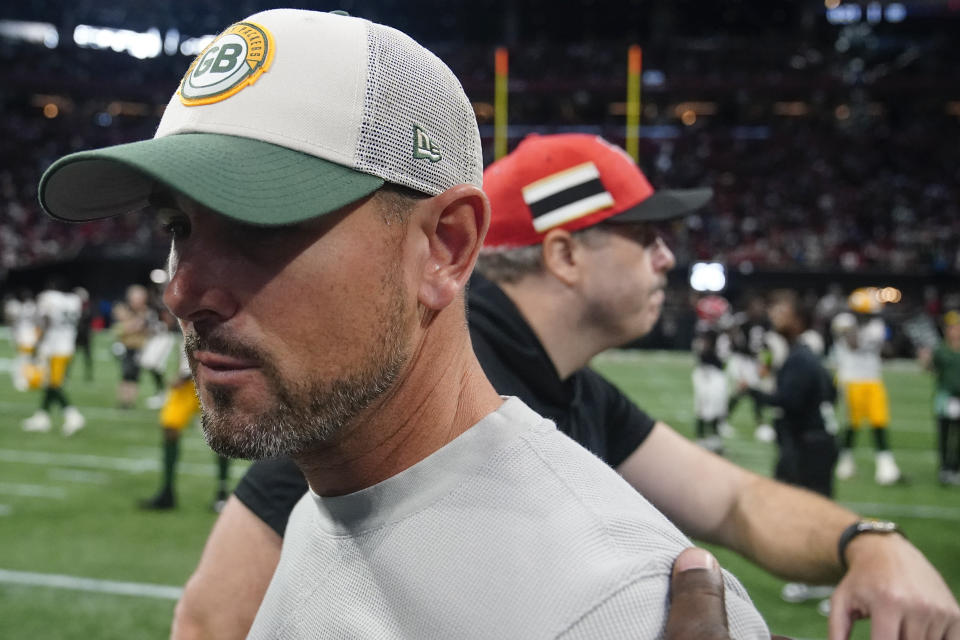 Green Bay Packers head coach Matt LaFleur leaves the field after an NFL football game against the Atlanta Falcons, Sunday, Sept. 17, 2023, in Atlanta. The Atlanta Falcons won 25-24. (AP Photo/Brynn Anderson)