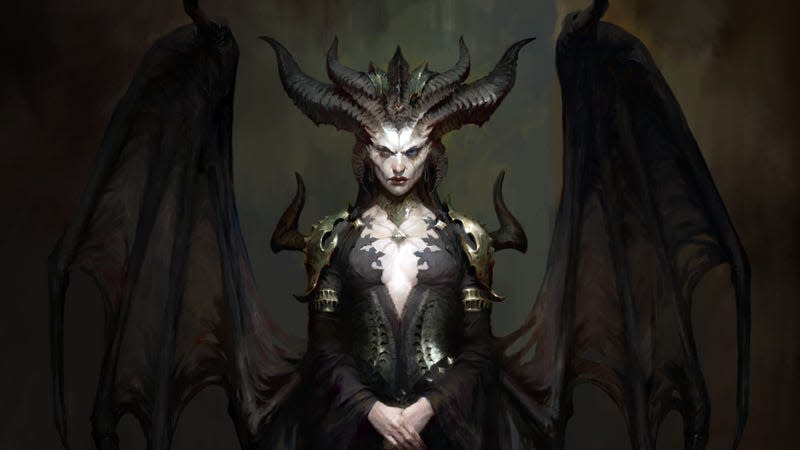 Diablo IV's main antagonist, Queen Succubi Lilith, is standing with her hands held together.