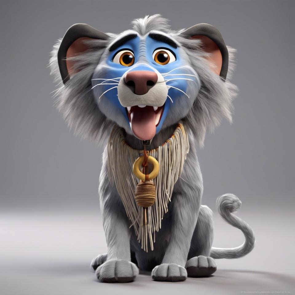 3D AI-generated Rafiki as a dog from "The Lion King" smiling and sitting