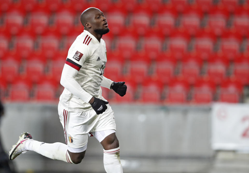 Belgium's Romelu Lukaku celebrates after scoring his side's first goal during the World Cup 2022 group E qualifying soccer match between Czech Republic and Belgium at the Sinobo stadium in Prague, Czech Republic, Saturday, March 27, 2021. (AP Photo/Petr David Josek)