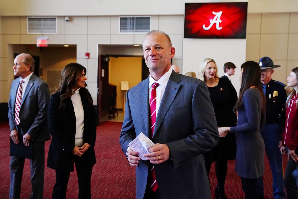 Jan 13, 2024; Tuscaloosa, AL, USA; Kalen DeBoer arrives to a press conference to be introduced as the University of Alabama new head football coach in the North end zone at Bryant-Denny Stadium. Mandatory Credit: John David Mercer-USA TODAY Sports