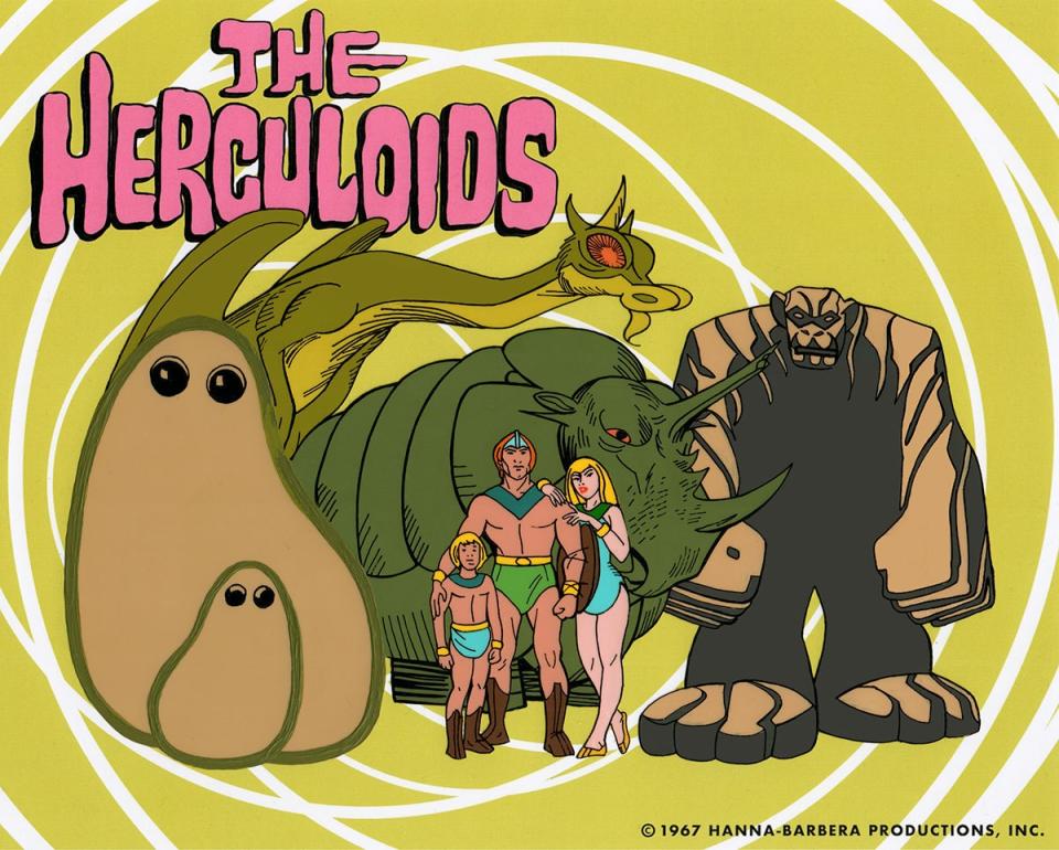 From left, Gloop and Gleep the formless, fearless wonders; Zok the laser ray dragon; Tundro the Tremendous; Dorno, Zandor, and Tara; and Igoo the rock ape. They're The Herculoids! 