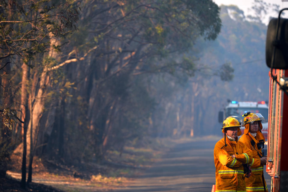 Firefighters get ready to handle the situation following a bushfire near Faulconbridge in the Blue Mountains on October 23, 2013.   (SAEED KHAN/AFP/Getty Images)