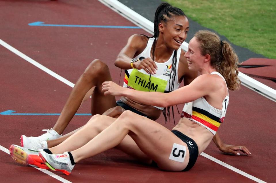 Nafi Thiam and Noor Vidts react after the 800m race. Vidts narrowly missed out on a medal.
