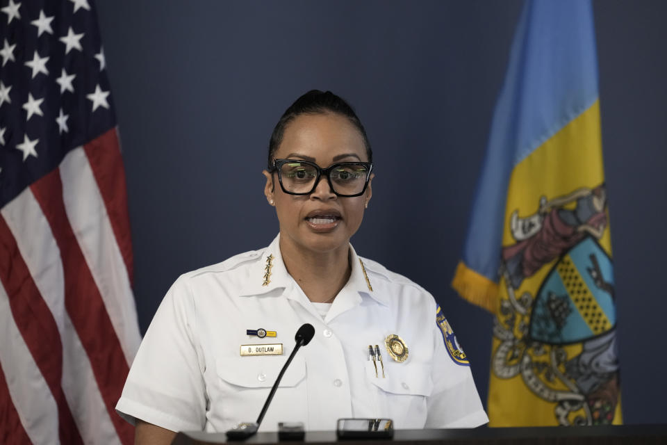 Philadelphia Police Commissioner Danielle Outlaw speaks with members of the media during a news conference in Philadelphia, Wednesday, Aug. 23, 2023. Officials announced plans to fire officer Mark Dial, who on Aug. 14, shot and killed Eddie Irizarry during a during a traffic stop. (AP Photo/Matt Rourke)