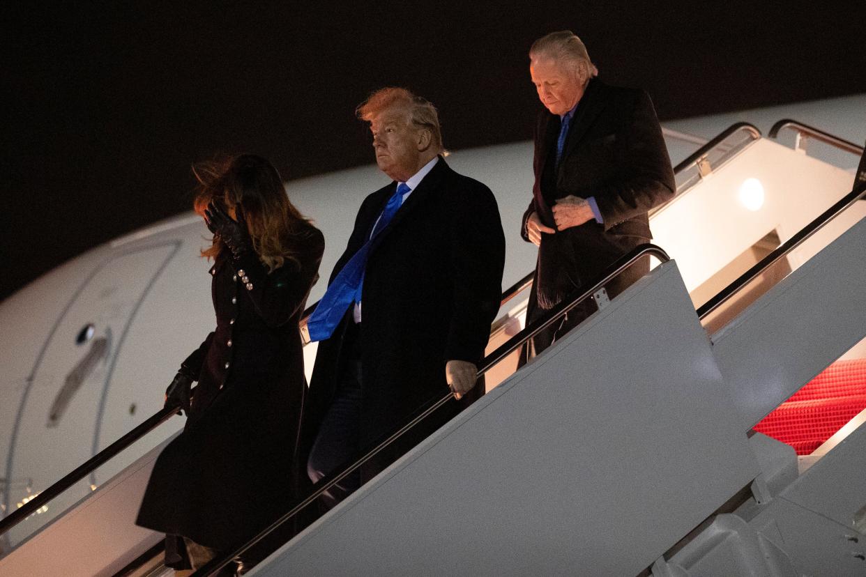 Actor Jon Voight follows President Donald Trump and first lady Melania Trump after riding on Air Force One to Dover Air Force Base on Nov. 21, 2019, for a casualty return ceremony for two service members who died in Afghanistan. (Evan Vucci/ASSOCIATED PRESS)