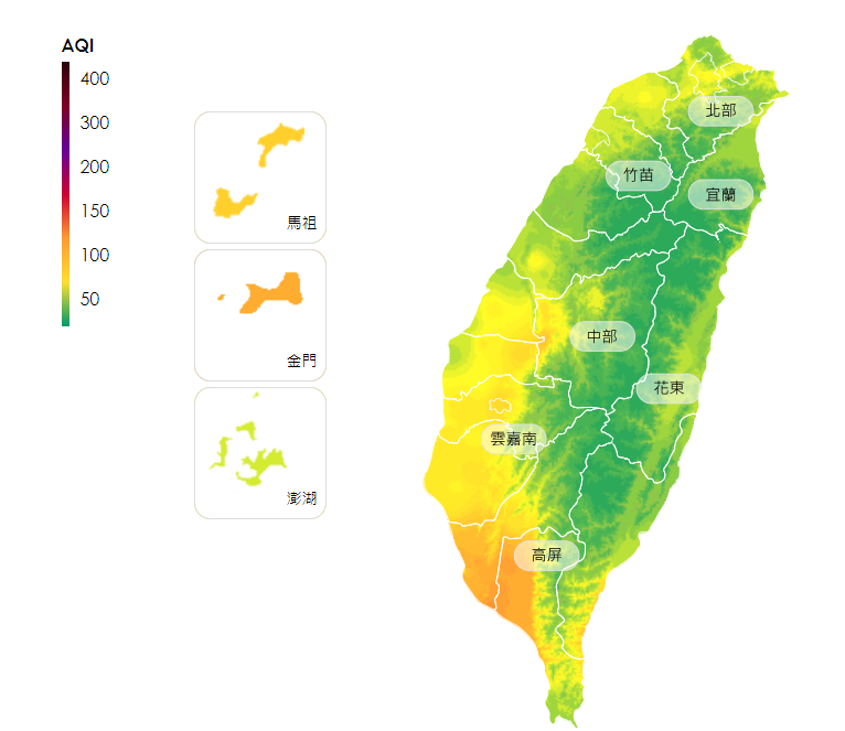 中國上海一帶PM2.5小時濃度約80到120微克/立方公尺，今日清晨起東北季風逐漸增強，隨大陸冷氣團南下影響空氣品質。   圖：翻攝自環境部空品監測網