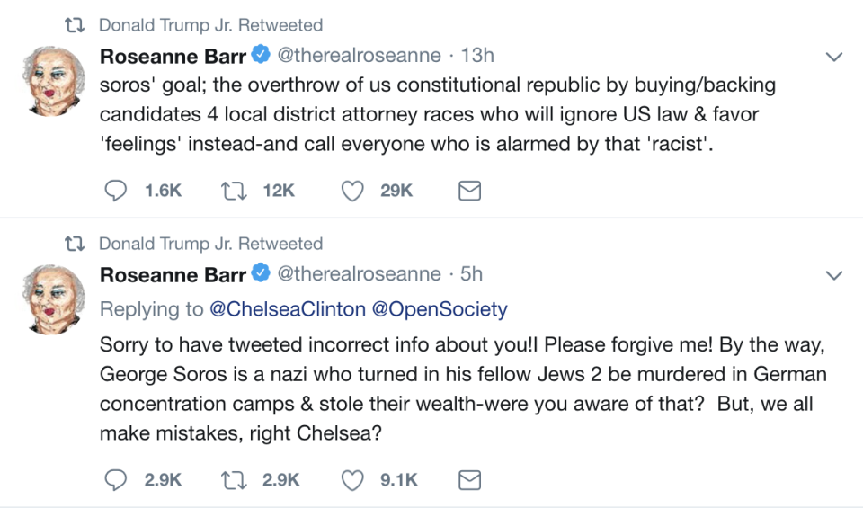 Donald Trump Jr. retweeted two of Roseanne Barr’s claims about George Soros on Tuesday.