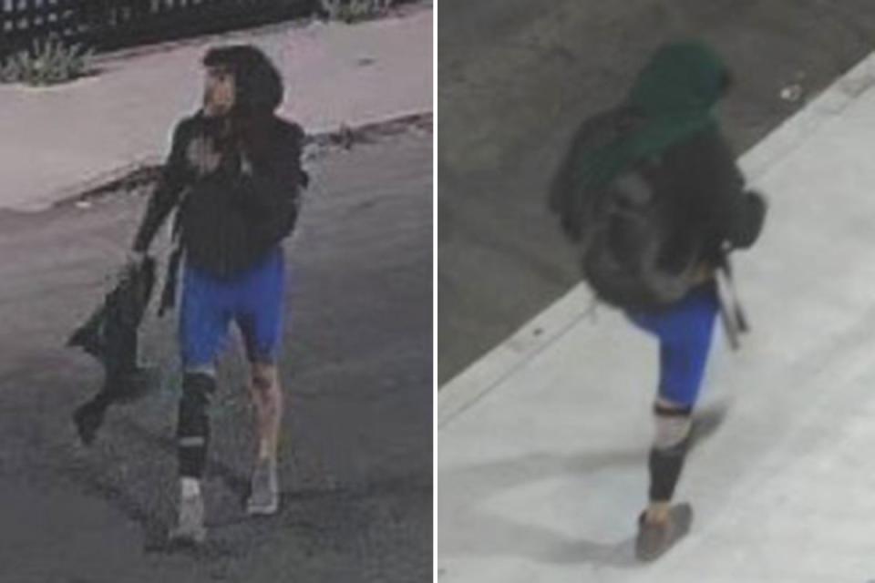 The person in the picture is dressed in blue shorts, a black hooded sweatshirt and a green scarf. They have a brace on their right knee (Cal Fire)